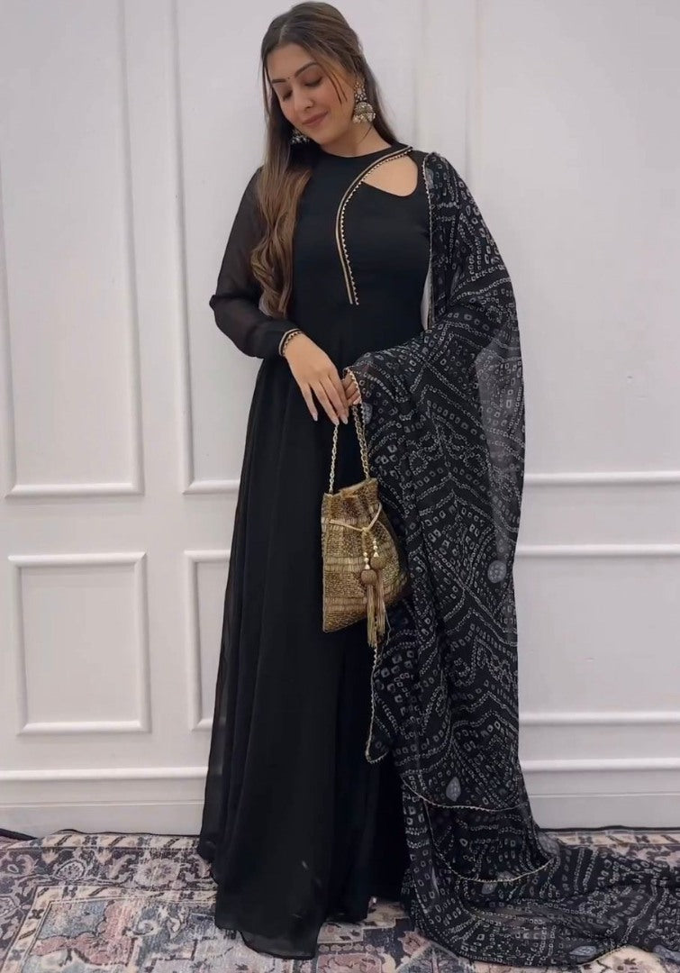 Black georgette plain party wear gown with printed dupatta
