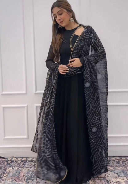 Black georgette plain party wear gown with printed dupatta