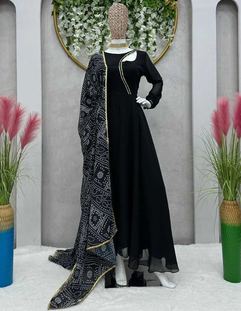 Black georgette plain party wear gown with printed dupatta