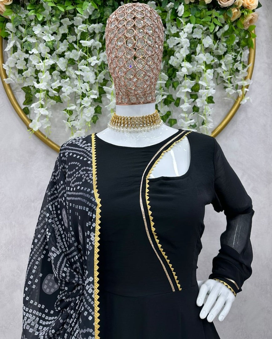 Black georgette plain party wear gown with printed dupatta