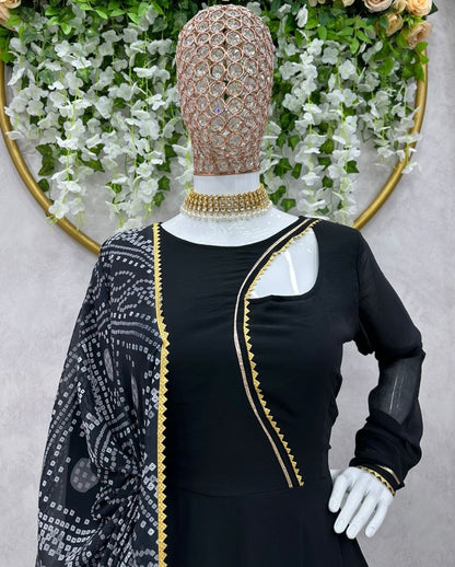 Black georgette plain party wear gown with printed dupatta