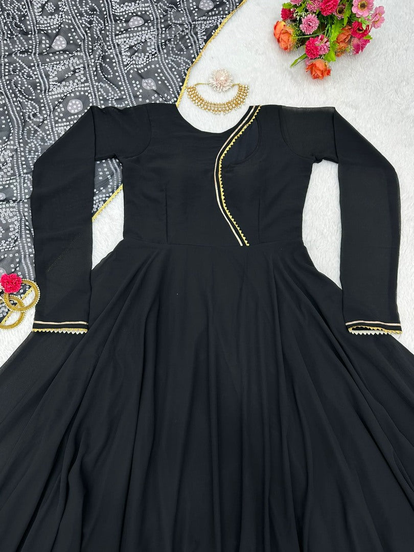 Black georgette plain party wear gown with printed dupatta