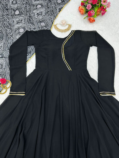 Black georgette plain party wear gown with printed dupatta