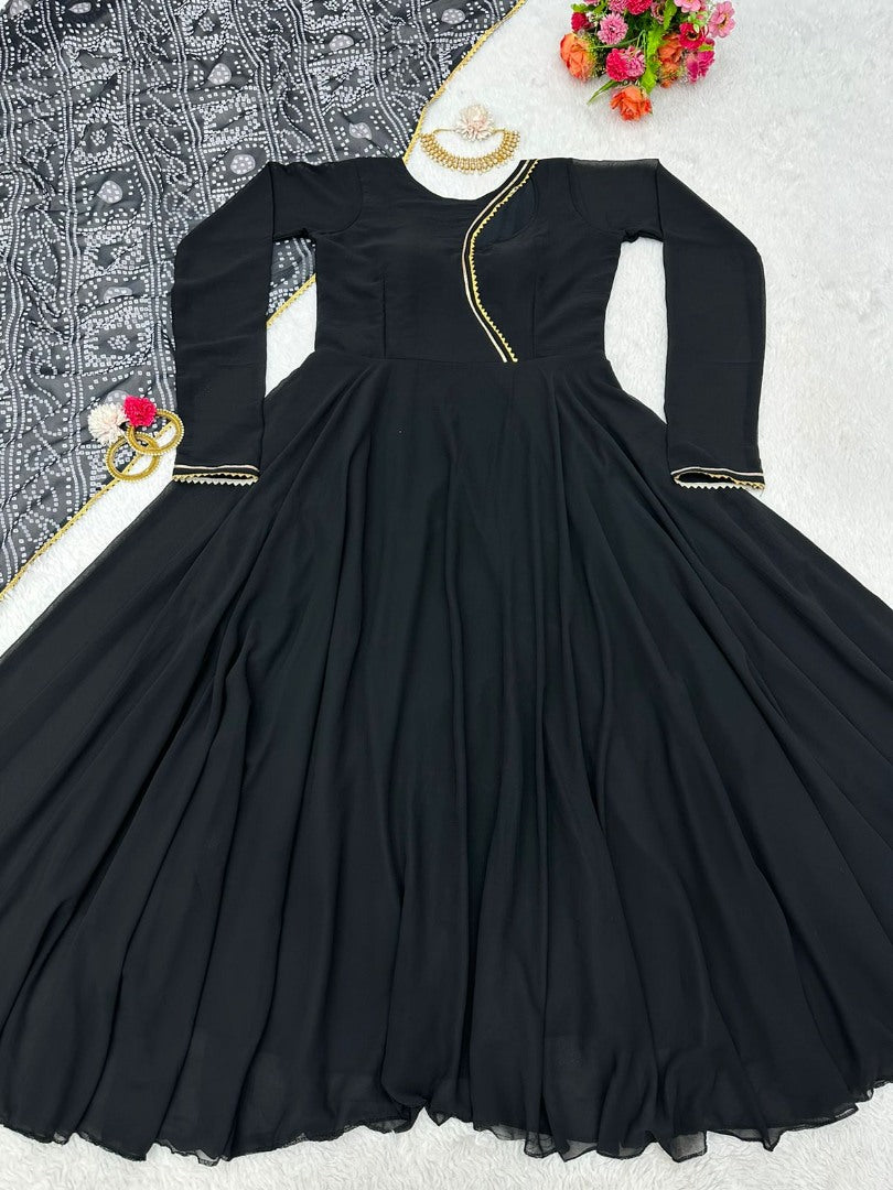 Black georgette plain party wear gown with printed dupatta