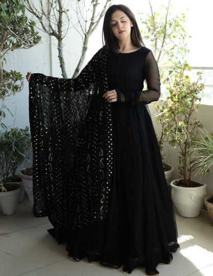 Black georgette plain party wear long anarkali suit
