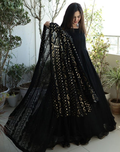 Black georgette plain party wear long anarkali suit