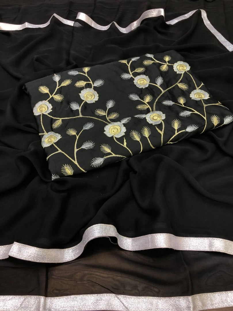 Black georgette plain partywear saree
