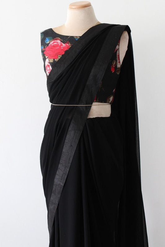 Black georgette plain partywear saree with printed blouse