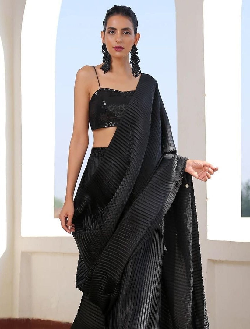 Black georgette pleated partywear saree