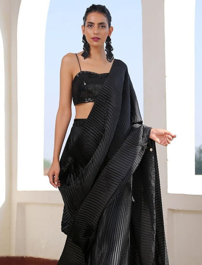 Black georgette pleated partywear saree
