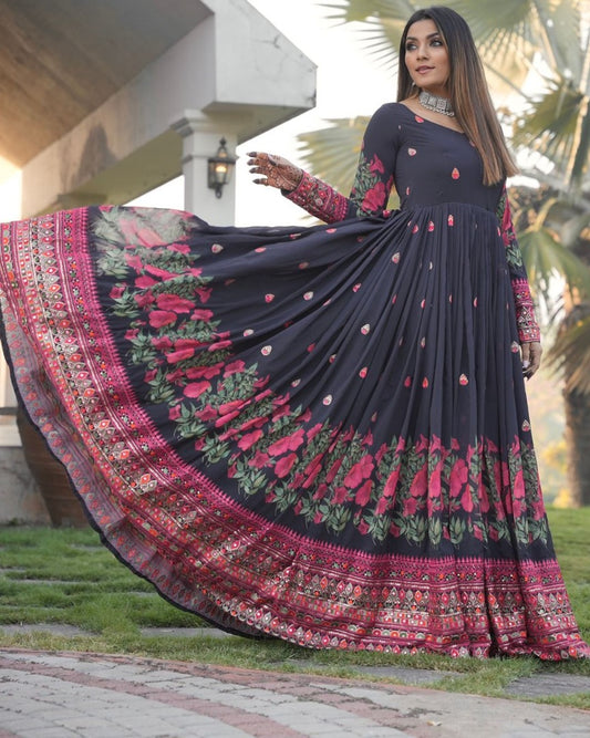 Black georgette print and embroidered anarkali gown