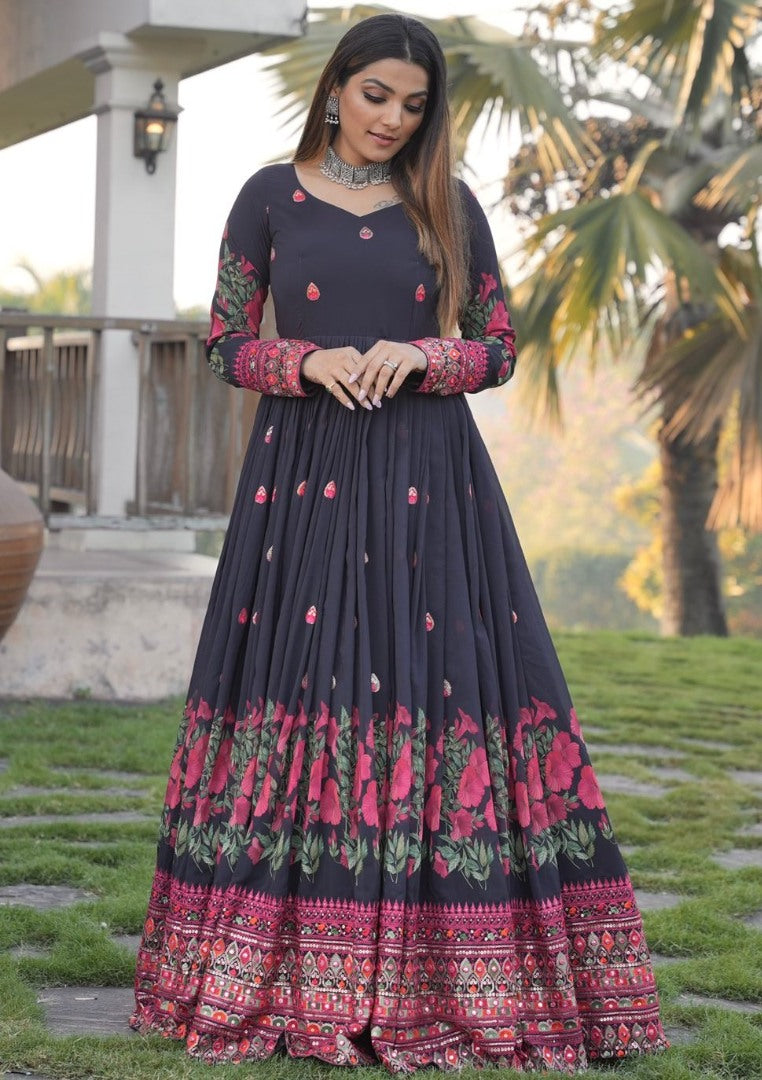 Black georgette print and embroidered anarkali gown