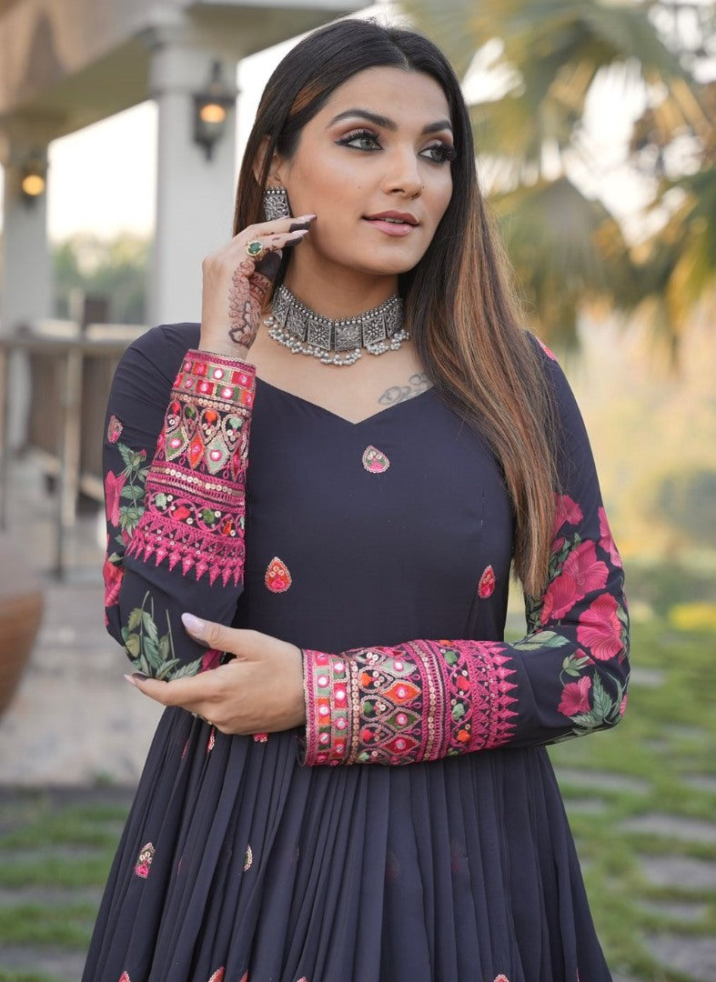 Black georgette print and embroidered anarkali gown