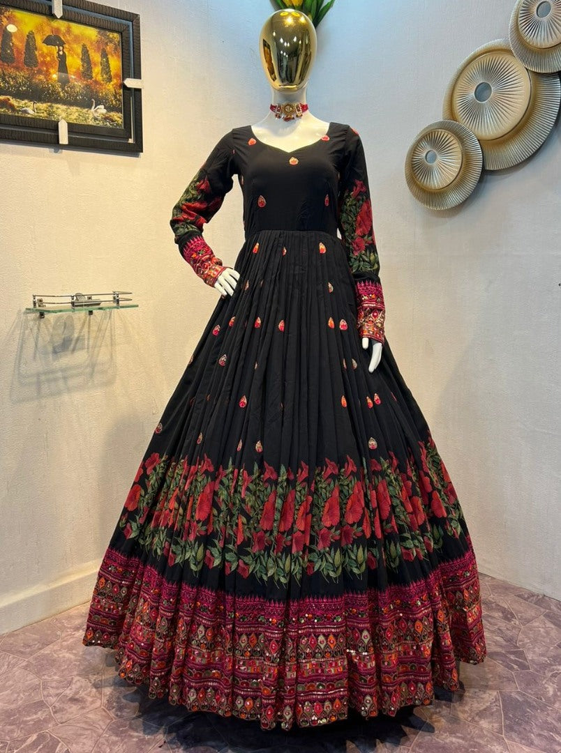 Black georgette print and embroidered anarkali gown