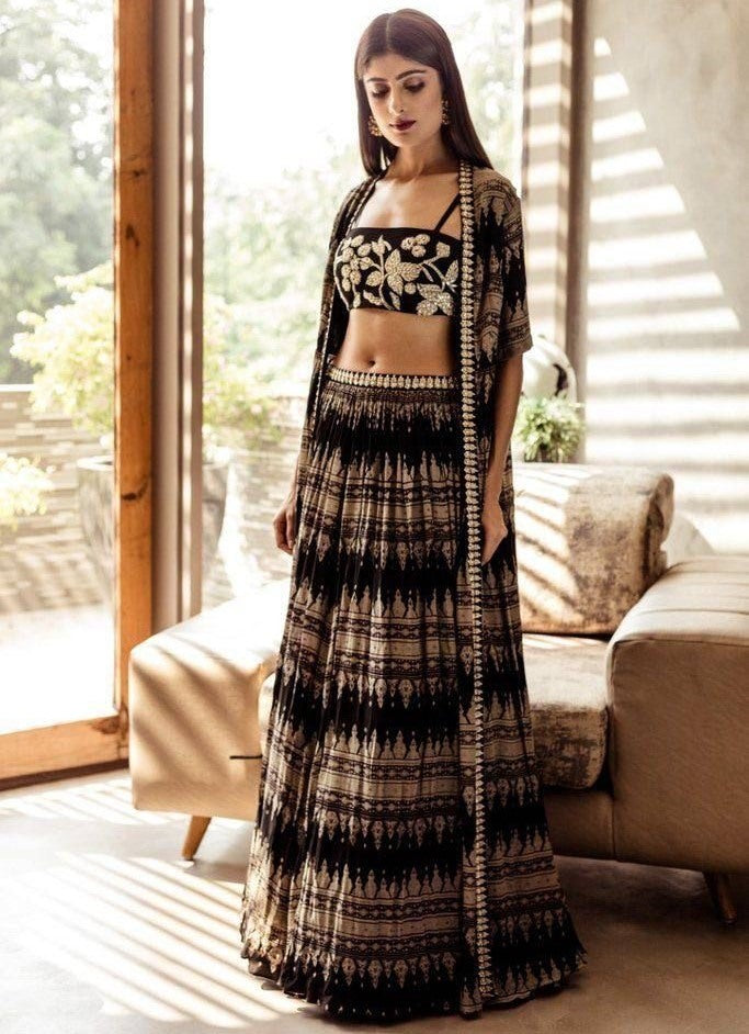 Black georgette print and embroidered indowestern lehenga with shrug