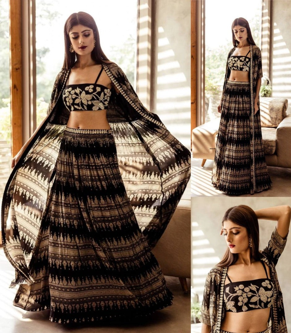 Black georgette print and embroidered indowestern lehenga with shrug