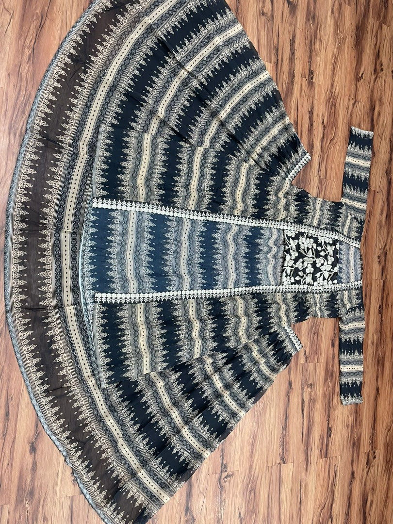 Black georgette print and embroidered indowestern lehenga with shrug