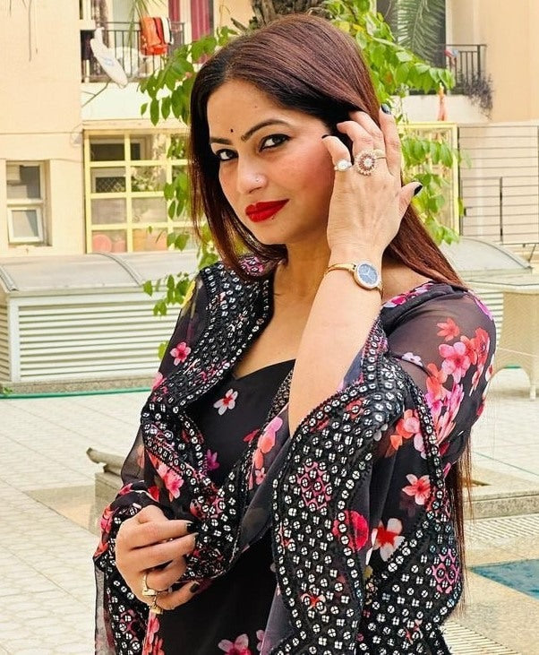 Black georgette print and sequence work pant salwar suit