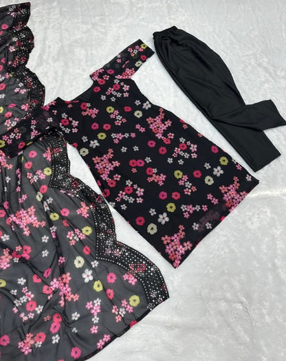 Black georgette print and sequence work pant salwar suit