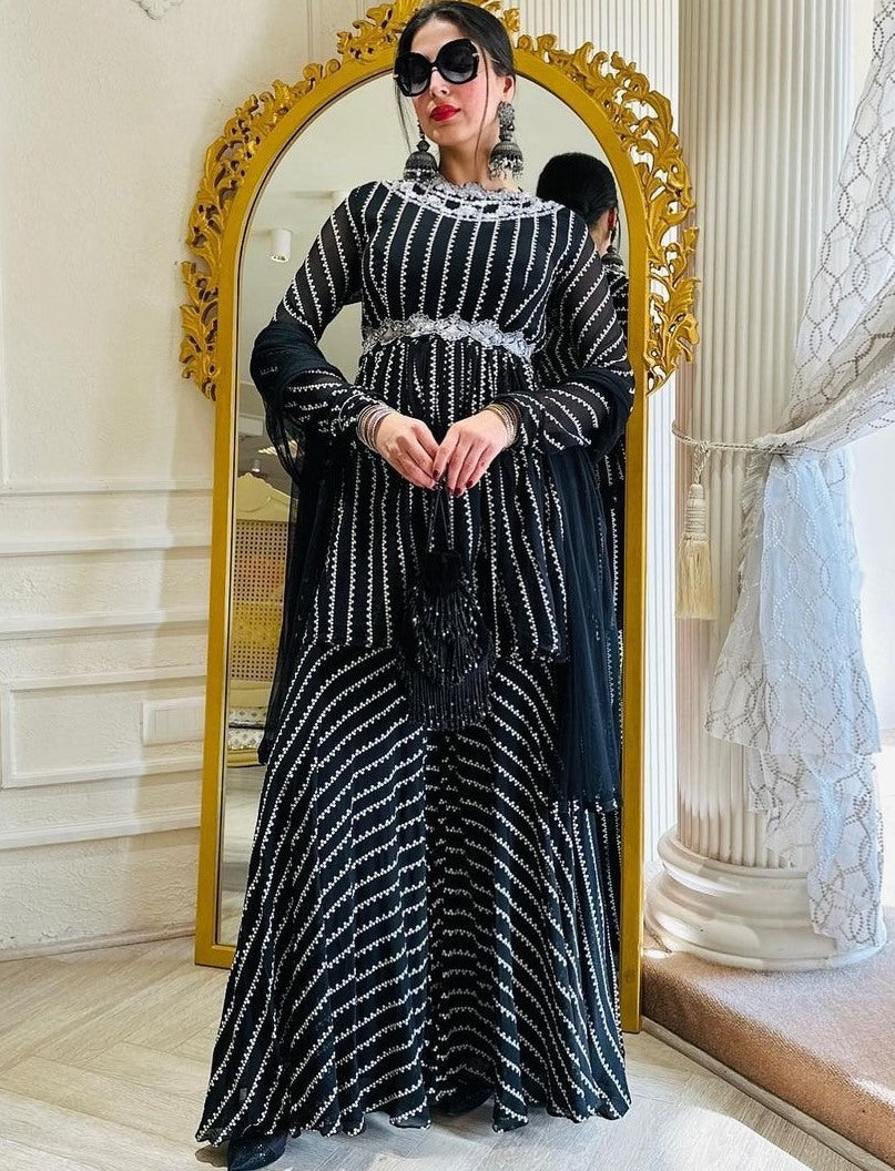 Black georgette print and sequence work party wear palazzo suit