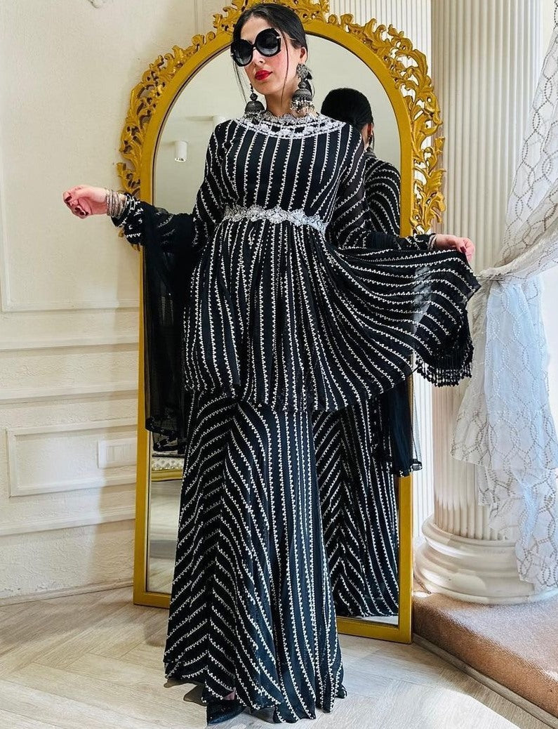 Black georgette print and sequence work party wear palazzo suit