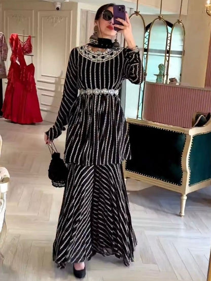 Black georgette print and sequence work party wear palazzo suit