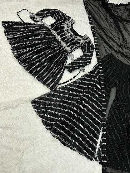 Black georgette print and sequence work party wear palazzo suit