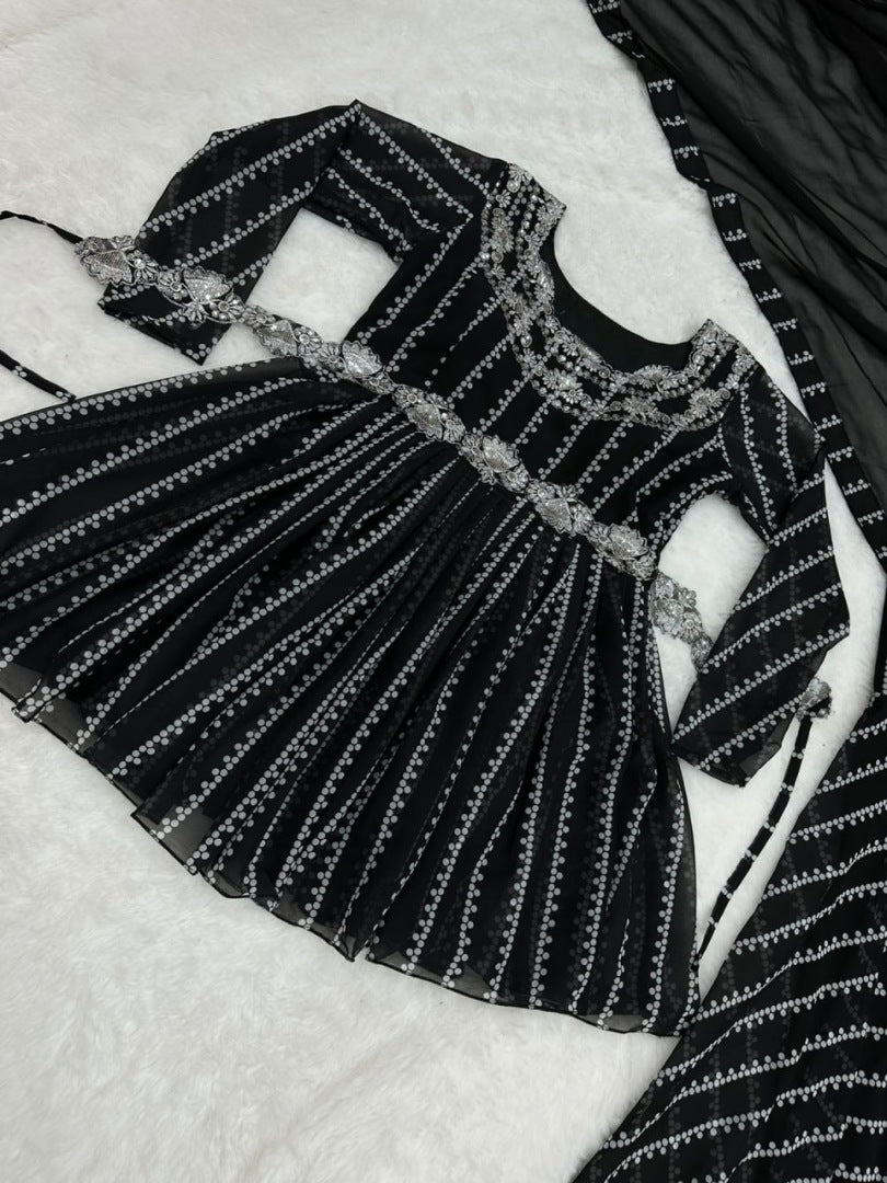 Black georgette print and sequence work party wear palazzo suit