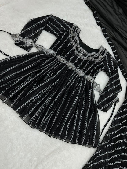 Black georgette print and sequence work party wear palazzo suit