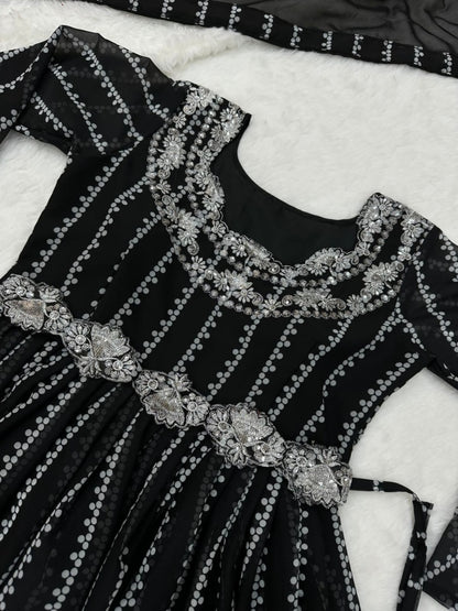 Black georgette print and sequence work party wear palazzo suit