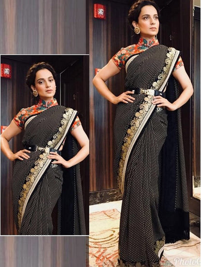 Black georgette print bollywood style partywear saree