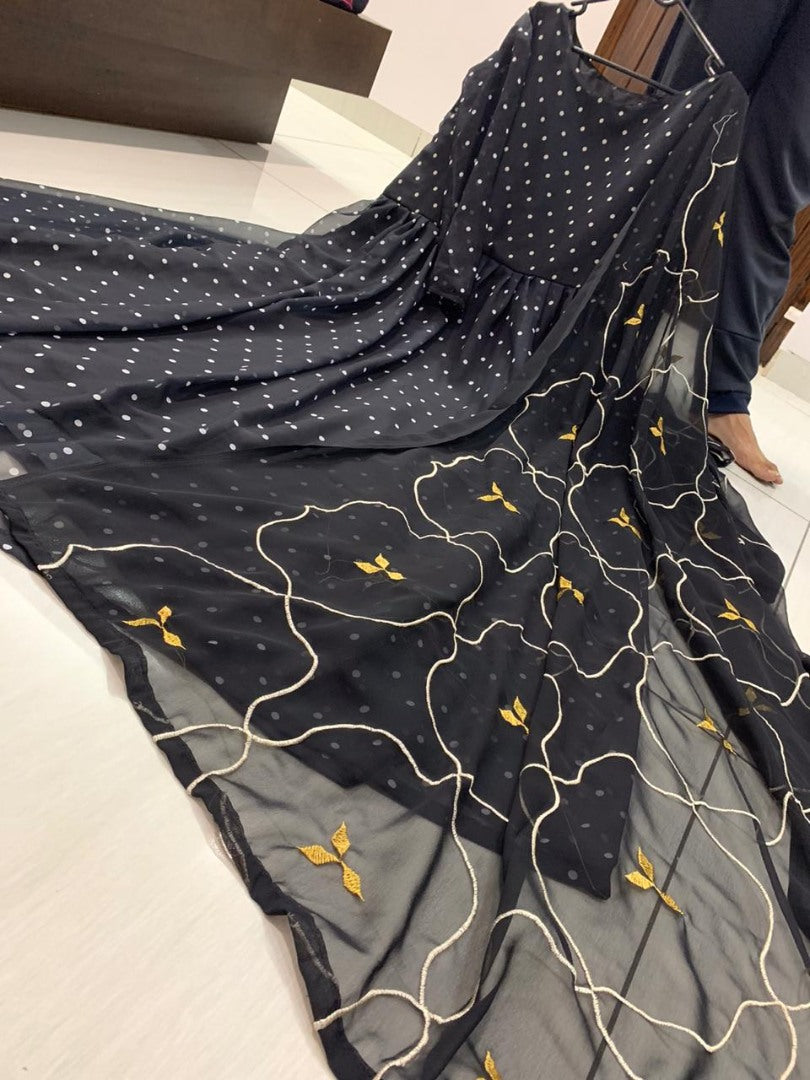 Black georgette printed anarkali suit with embroidered dupatta