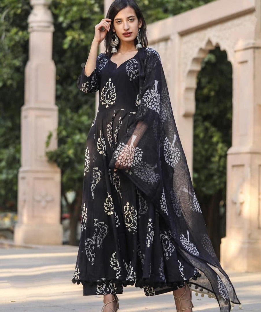 Black georgette printed kurti with dupatta