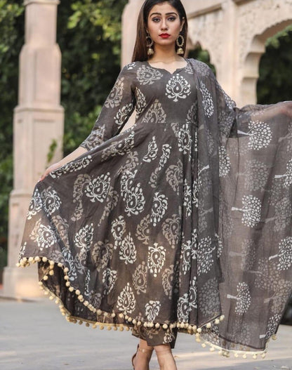 Black georgette printed kurti with dupatta