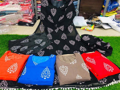 Black georgette printed kurti with dupatta