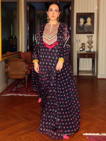 Black georgette printed party wear plazzo suit