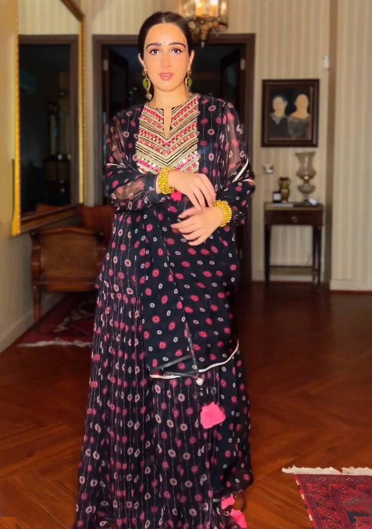 Black georgette printed party wear plazzo suit