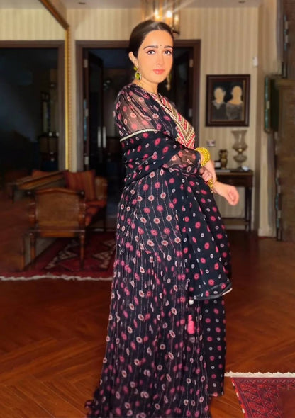 Black georgette printed party wear plazzo suit