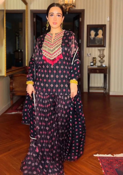 Black georgette printed party wear plazzo suit