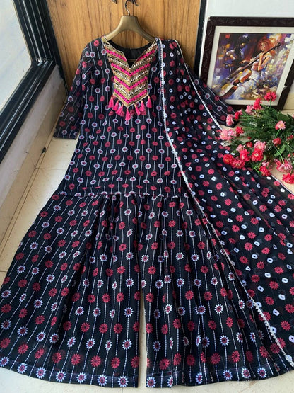 Black georgette printed party wear plazzo suit