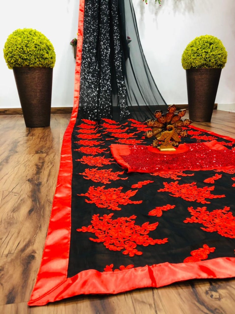 Black georgette red embroidered saree