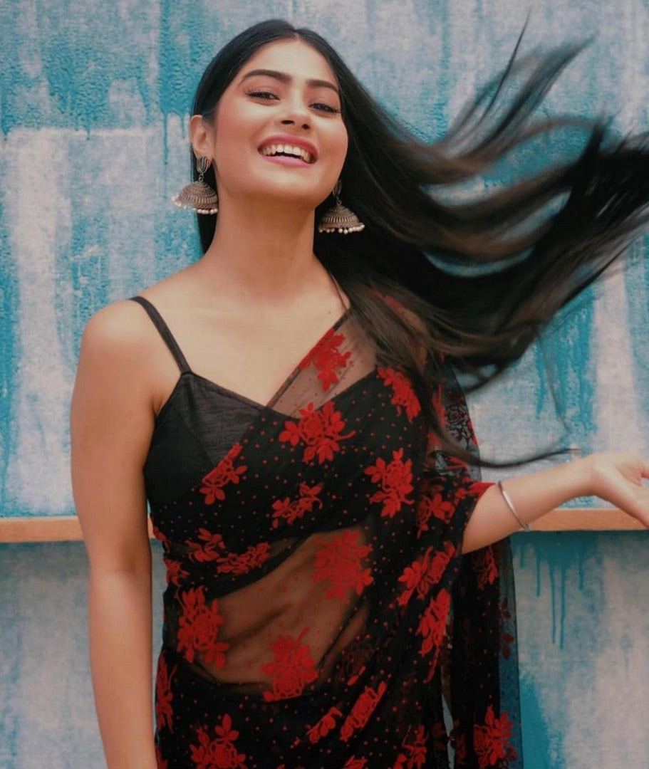 Black georgette red moti and embroidery partywear saree