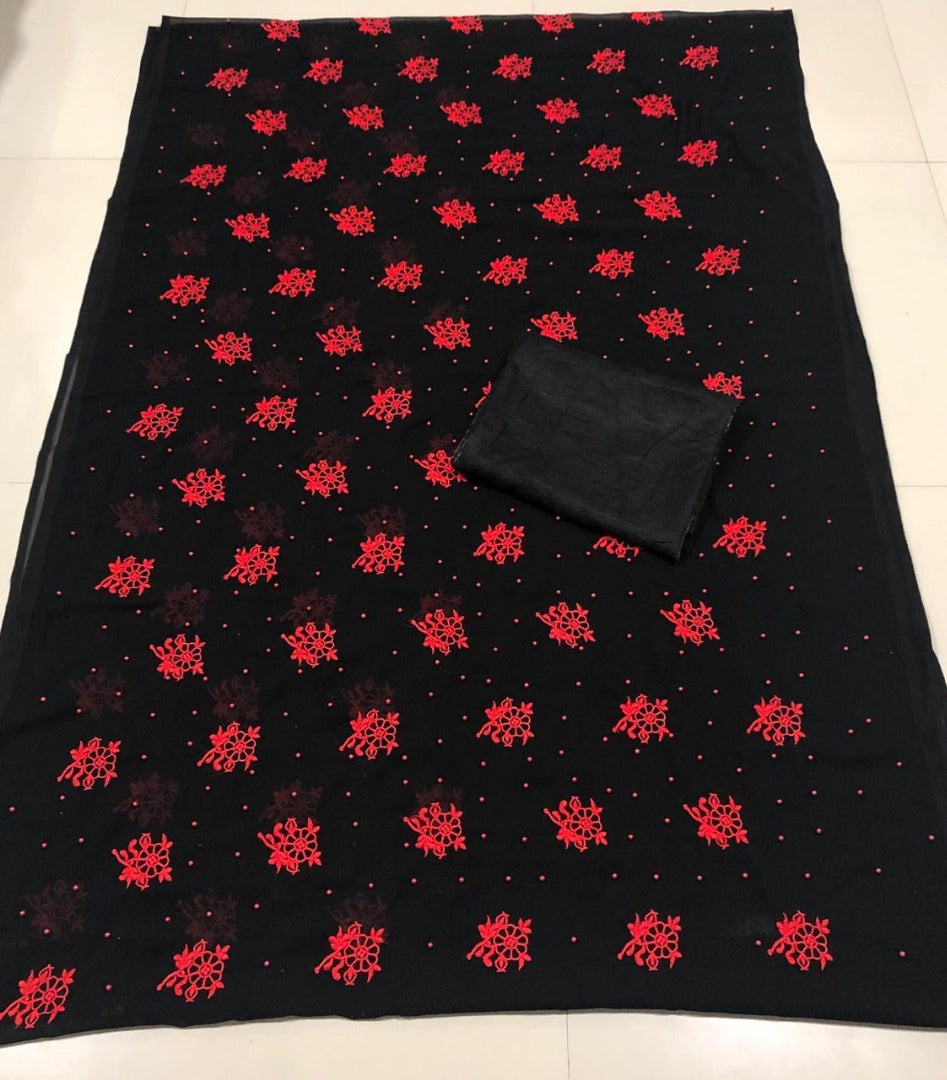 Black georgette red moti and embroidery partywear saree