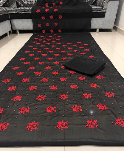 Black georgette red moti and embroidery partywear saree