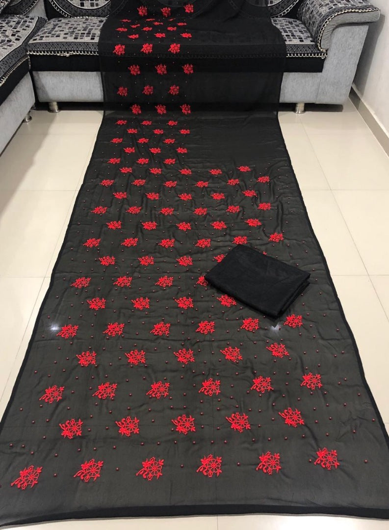 Black georgette red moti and embroidery partywear saree