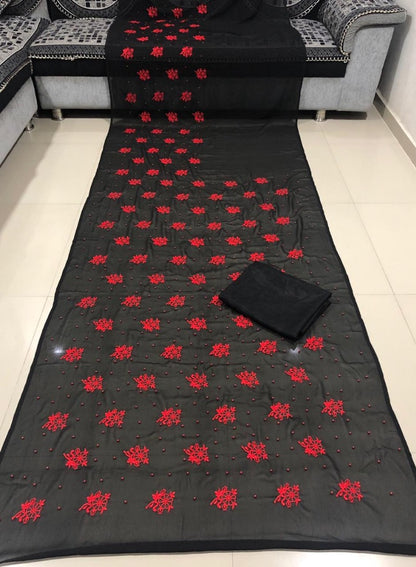 Black georgette red moti and embroidery partywear saree