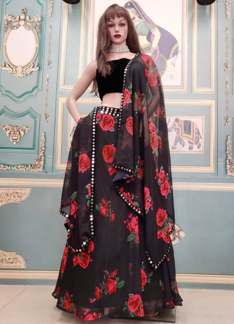 Black georgette red rose digital printed partywear lehenga