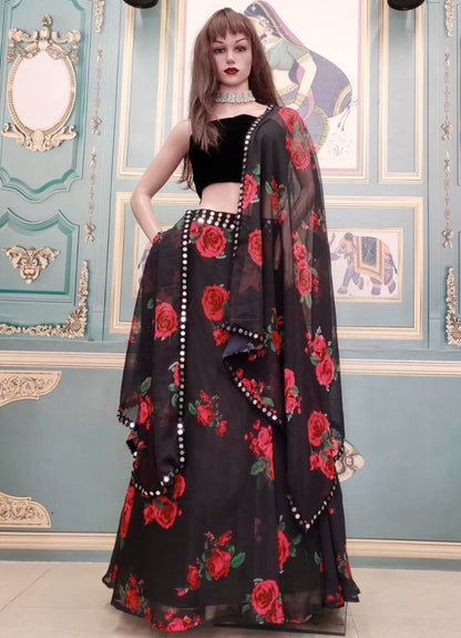 Black georgette red rose digital printed partywear lehenga