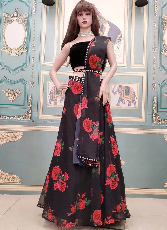 Black georgette red rose digital printed partywear lehenga