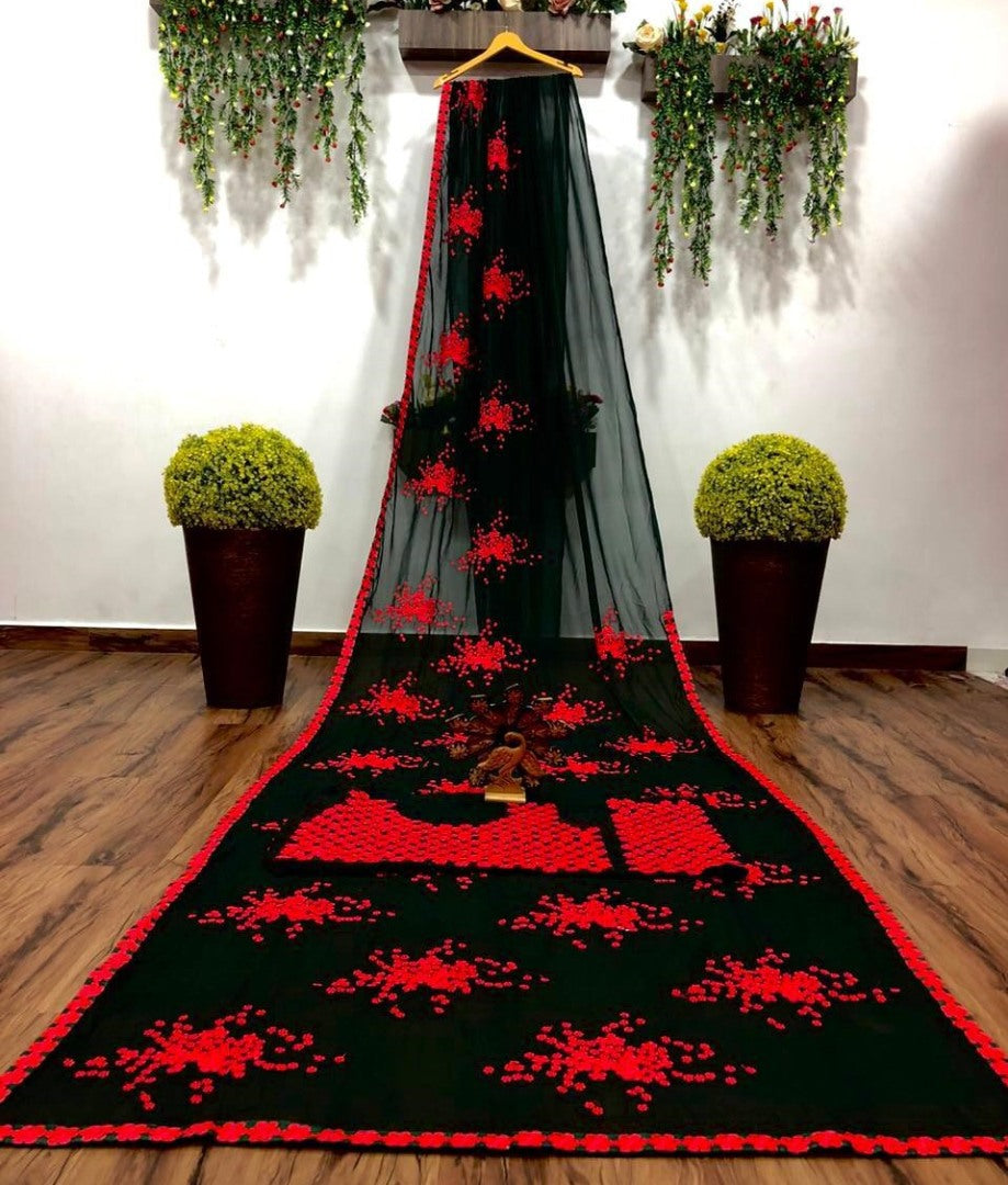 Black georgette red thread work partywear saree